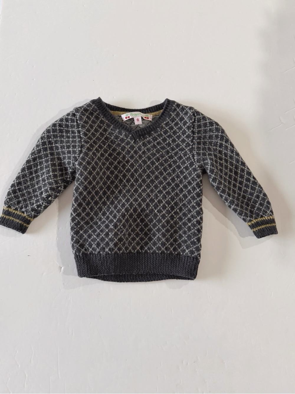 Bonpoint Kids Size 6 Gray 100% Wool Diamond Knit Sweater Preppy Academia